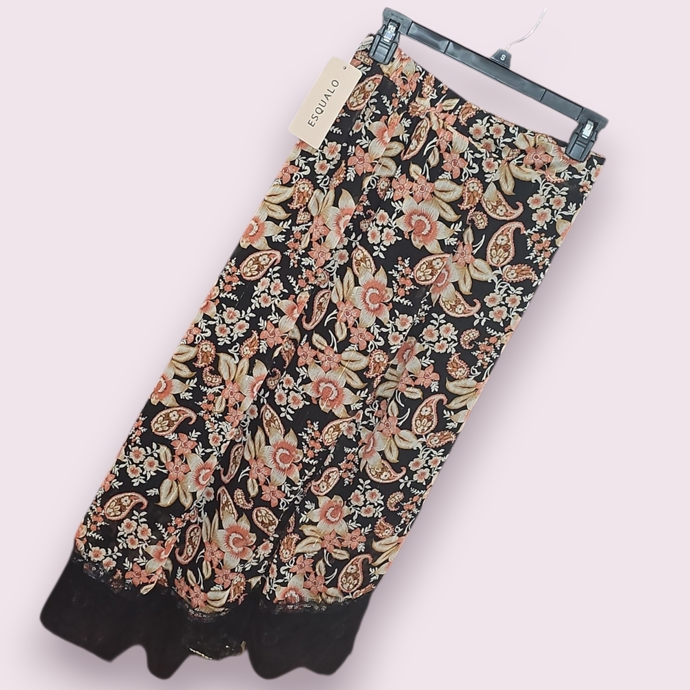 New! Esqualo Black Floral Lace Hem Skirt Gold Peach Tones Size 4 - Picture 2 of 8